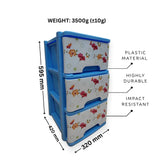 3 layered Storage cabinet with floral design showing dimensions and material properties.