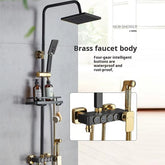 Luxury Brass Shower Faucet Set, Black Gold Finish with Storage Rack & Bidet Sprayer.