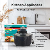 JUBAKE air fryer on a kitchen counter with packaging and text highlighting features