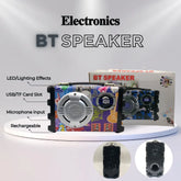Colorful BT speaker with packaging and feature text on a white background