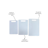 3 cutting boards labeled as highly durable, plastic material, and impact resistant