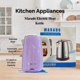 Purple electric kettle with Marado branding on a kitchen counter, next to its packaging.