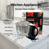 Electric meat grinder with packaging on a kitchen counter, featuring text highlighting features.