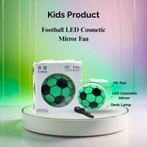 Football-shaped LED cosmetic mirror fan with packaging on a gradient background