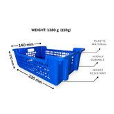Blue frozen plastic crate with measurements and properties