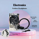 Fashion headphones with packaging and features on a gradient background