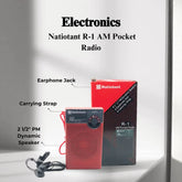 Red pocket radio with features labeled and Natiotant R-1 AM Pocket Radio packaging