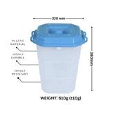 Storage container with blue lid, showing dimensions and material properties.