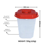 Storage container with red lid and dimensions