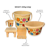 Set of beige colored bath set with floral designs, weight information, material details, and durability features