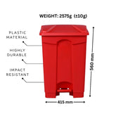 Red trash bin with weight, material, and dimensions labeled