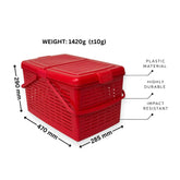 Red storage basket with measurements and material properties