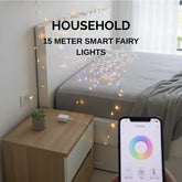Smart fairy lights setup in a bedroom with smartphone control