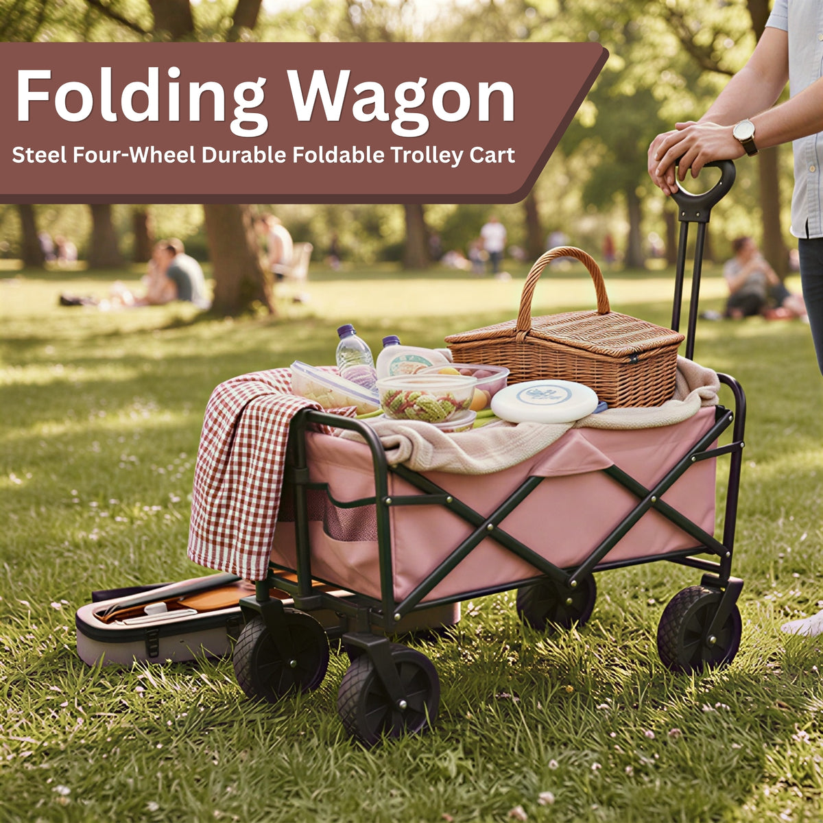 Customizable Steel FourWheel Enclosed Durable Foldable Trolley Cart for Camping & Beach Use.