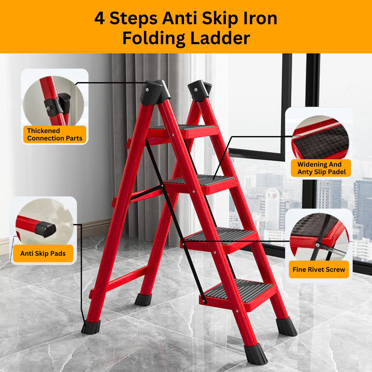 4Step Portable Folding Steel Ladder Handrail Multi Purpose for Household.