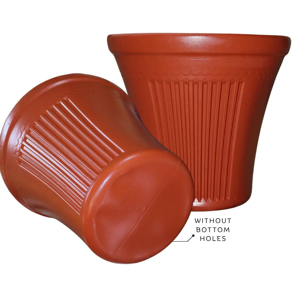 Two Brown-colored plant pots without bottom holes