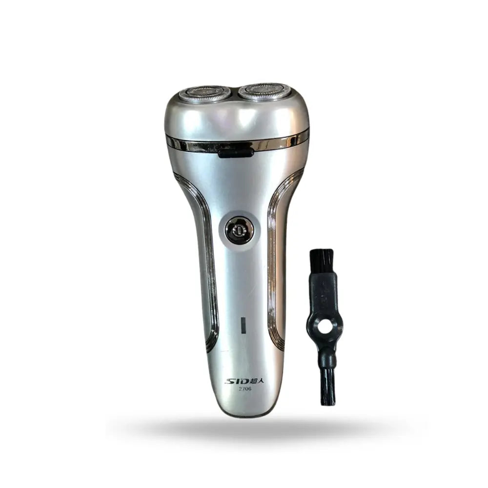 Silver electric shaver with a black attachment 