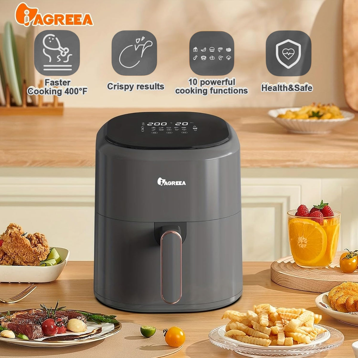 Digital Air Fryer, 1400W, 10 Cooking Presets, Adjustable Temp 140°F-400°F with 5L Capacity.