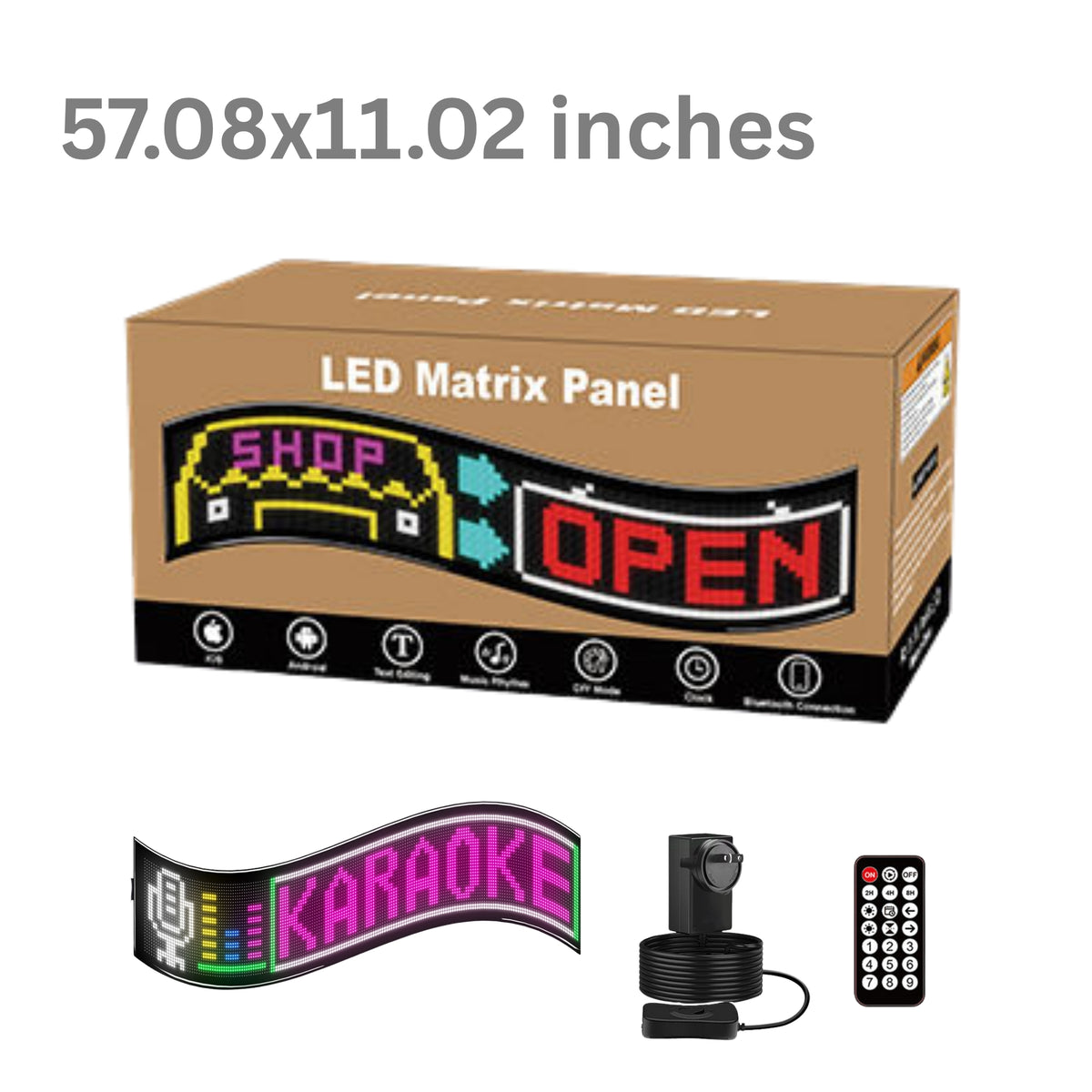 RGB LED Matrix Display Panel 57.08" × 11.02". Bluetooth APP Controlled Scrolling LED Sign Board with Remote & Power Adapter