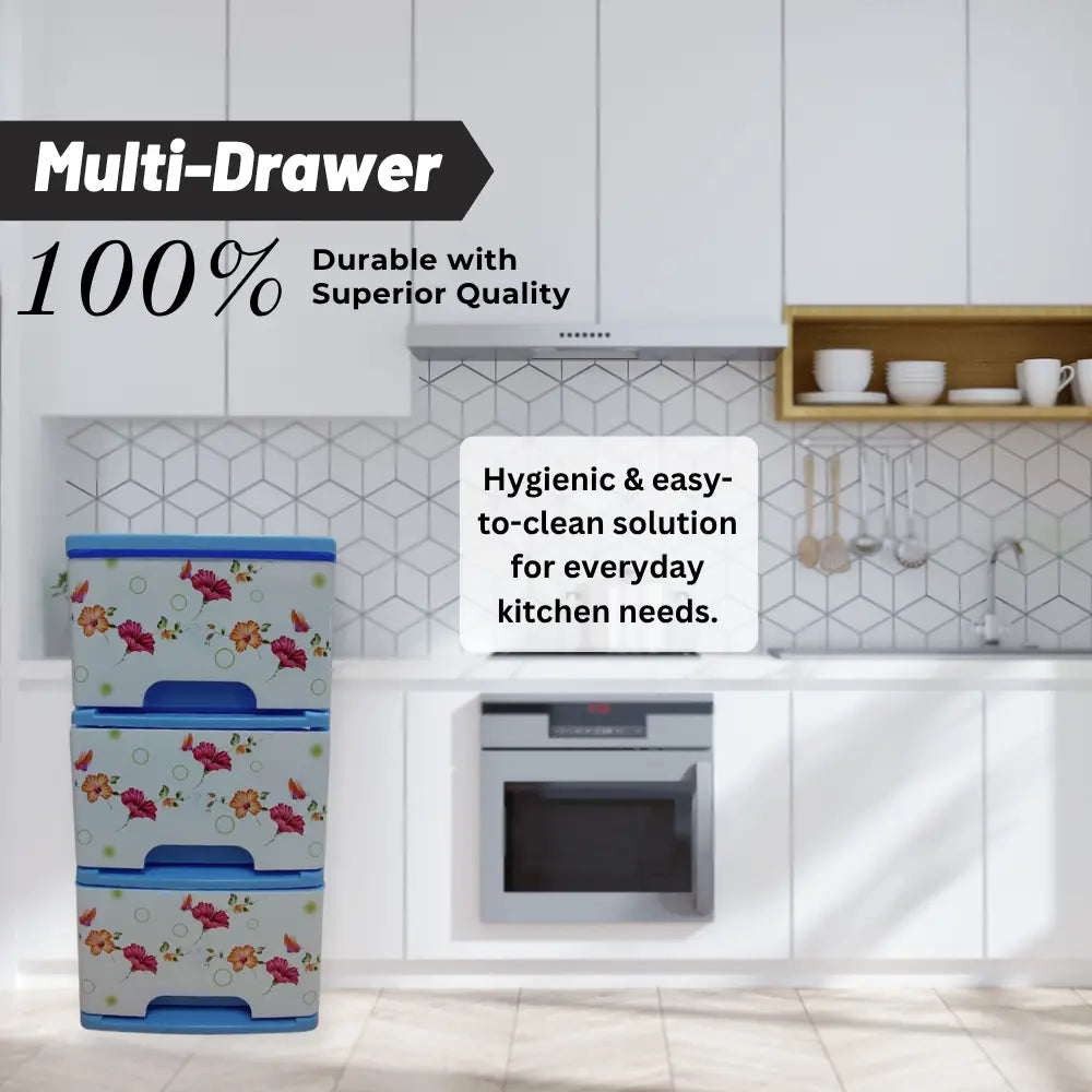 Floral-patterned multi-drawer unit in a kitchen