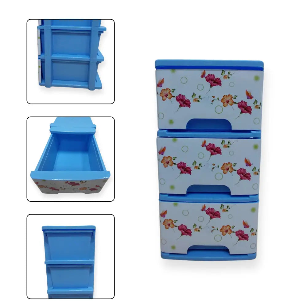 Floral-patterned storage cabinet with blue accents
