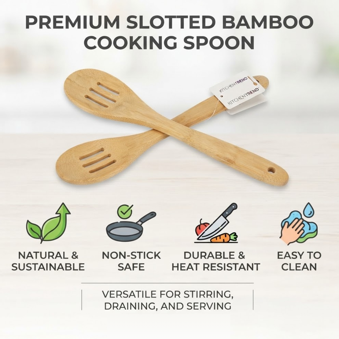 Premium Slotted Bamboo Cooking Spoon for Non-Stick Cookware