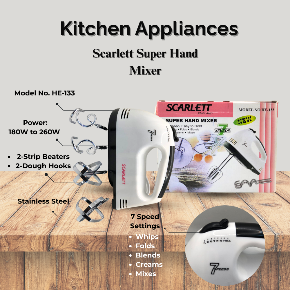 Electric Hand Mixer & Beater Machine | 7-Speed Settings to Whip, Fold, Blend, & Cream | Super Powerful Stainless Steel Attachments (Dough Hooks & Beaters) for Easy Cooking