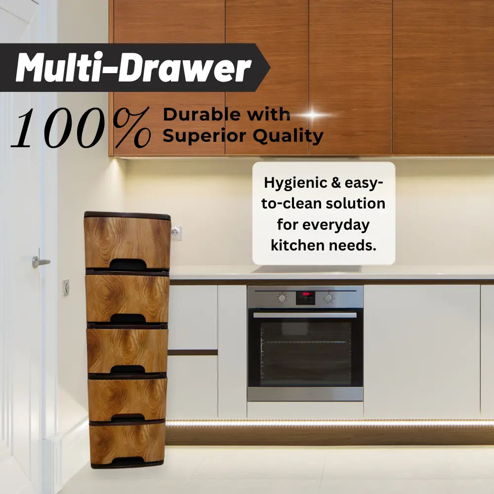 Brown multi-drawer unit in a kitchen setting