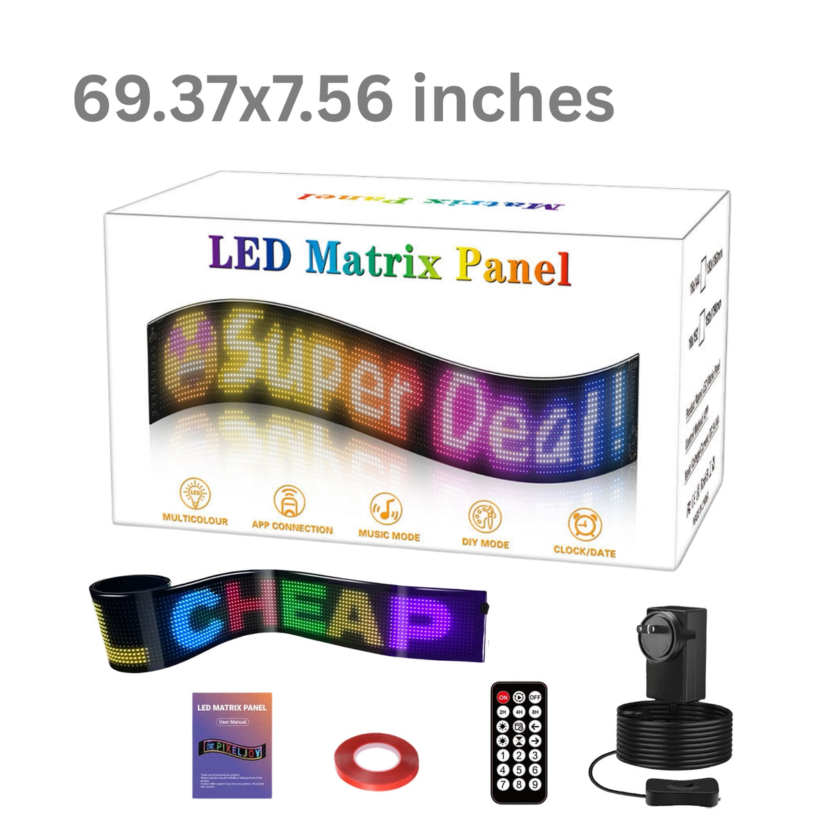 RGB LED Matrix Display Panel 69.37" × 7.56". Bluetooth APP Controlled Scrolling LED Sign Board with Remote & Power Adapter
