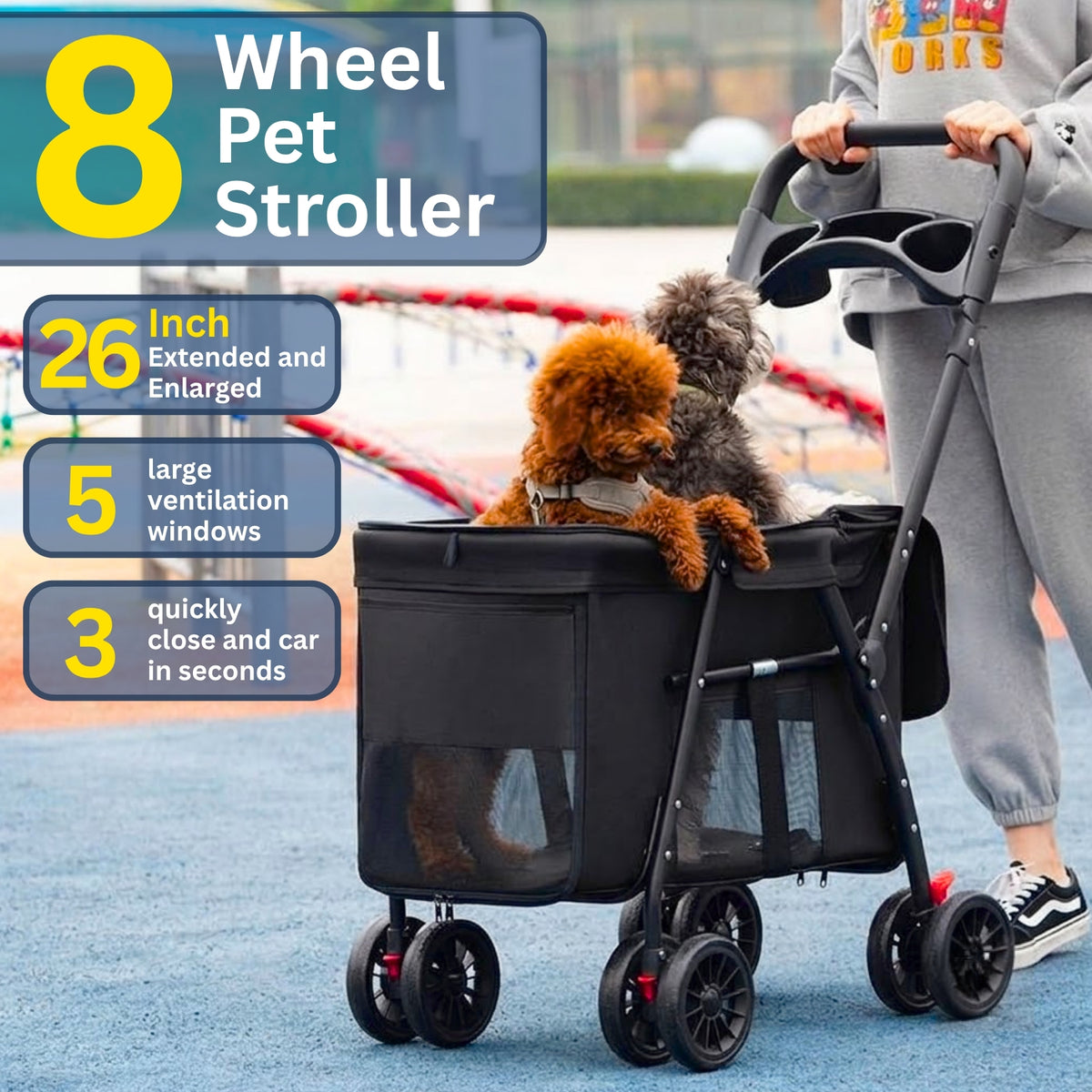 Wheel Pet Stroller – 26" Extended Foldable Dog & Cat Cart with 360° Rotation