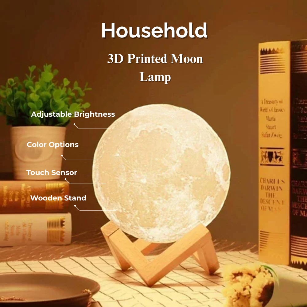 3D Printed Moon Lamp with Wooden Stand | Rechargeable Lunar LED Table Lamp with Touch Control & Adjustable Brightness | Moon Shape Design Home Decor Night Light Bulb with Color Options