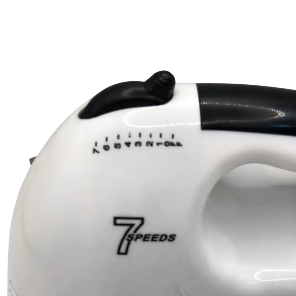 White handheld Mixer with black accents and '7 Speeds' branding