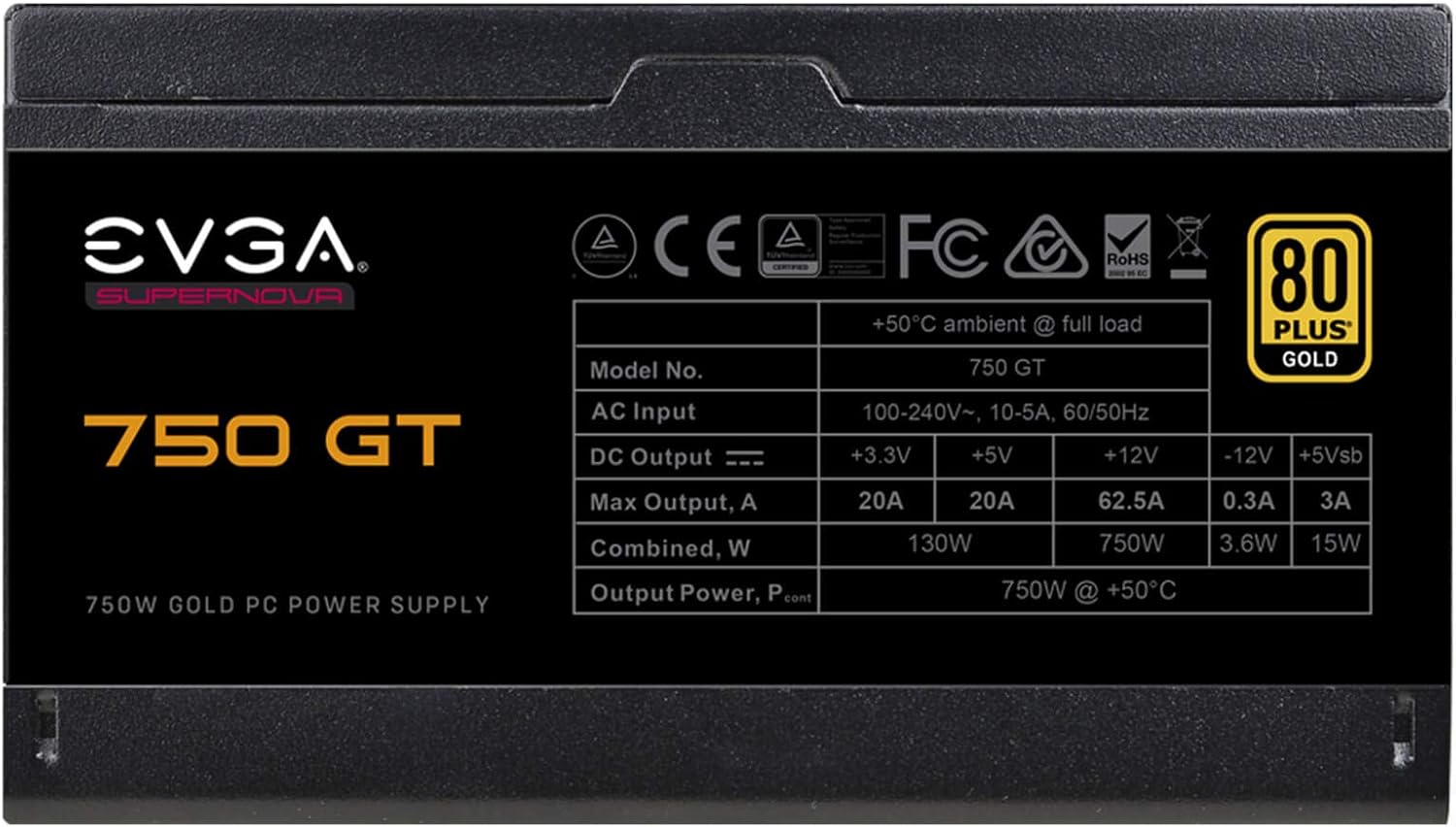 EVGA SuperNOVA 750 GT 750W Power Supply – 80 Plus Gold, Fully Modular, Auto ECO Mode, Compact 150mm, 7-Year Warranty