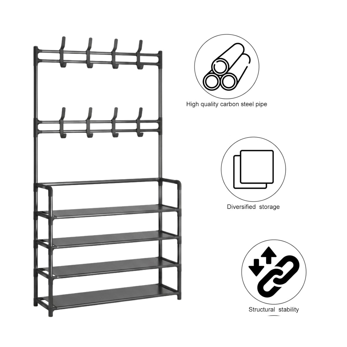 Multi Function Coat Rack & Shoe Organizer, Carbon Steel Entryway Storage Stand.