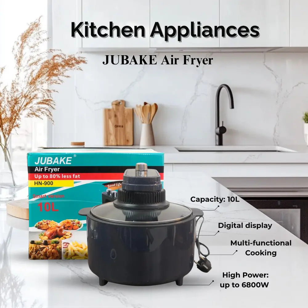 JUBAKE air fryer on a kitchen counter with packaging and text highlighting features