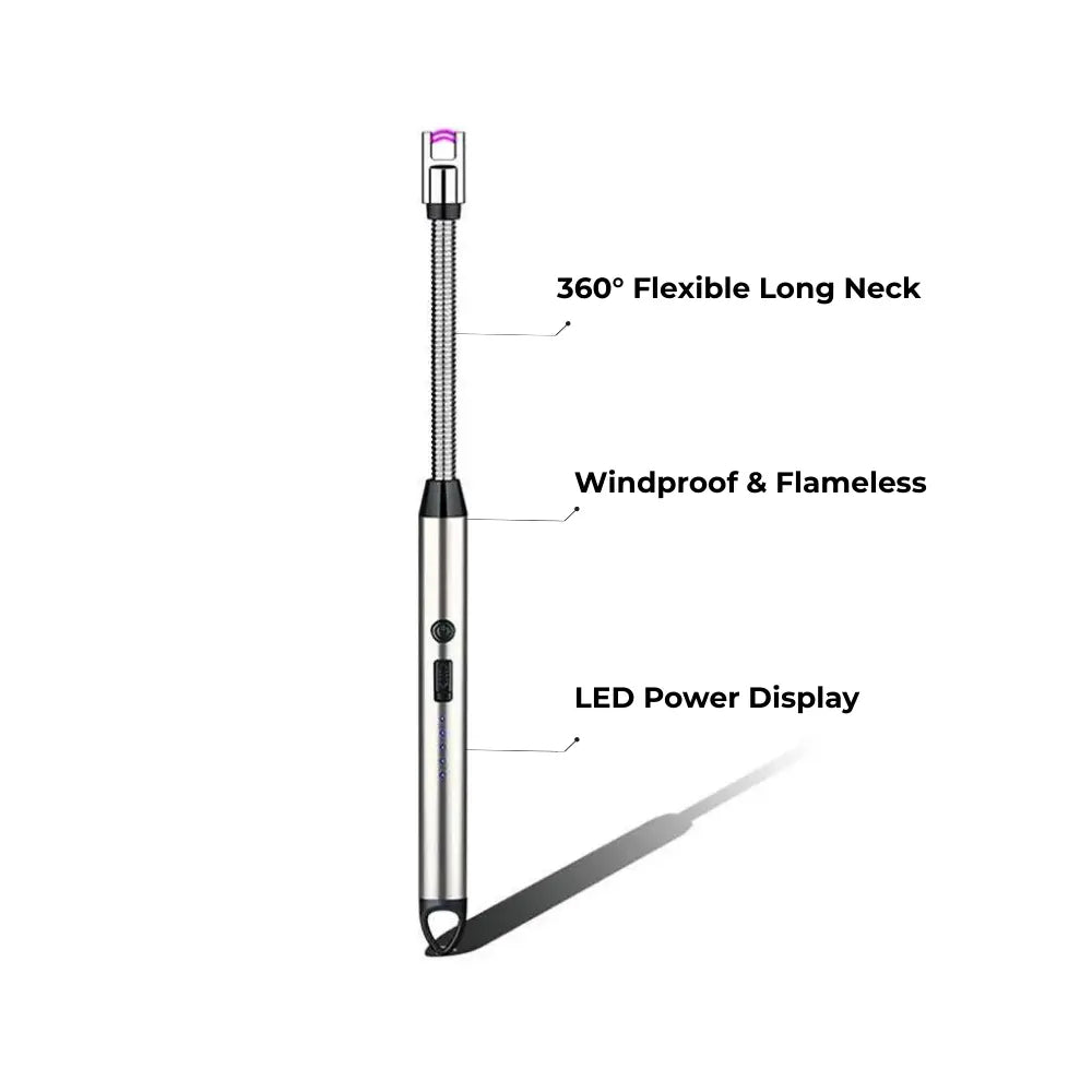 Windproof and flameless lighter with features highlighted