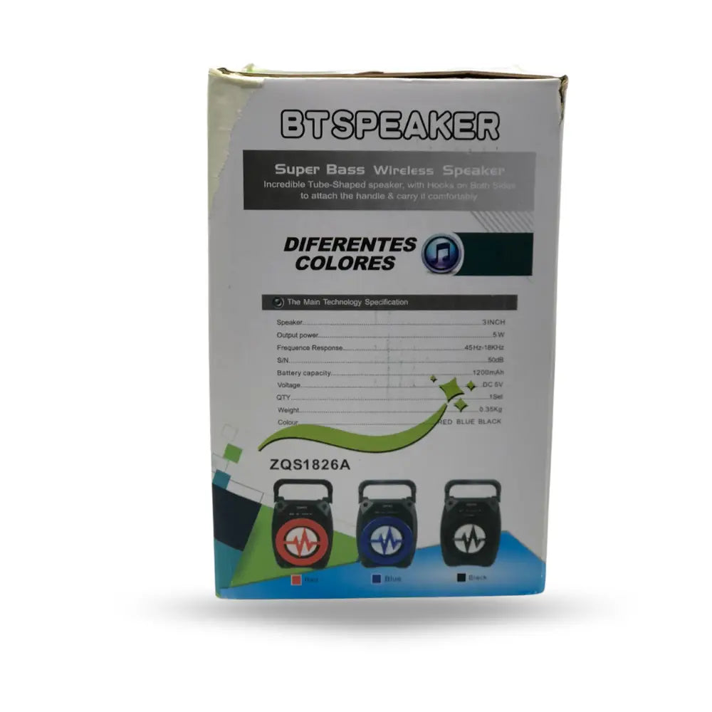 Box of a Bluetooth speaker with color options on a white background