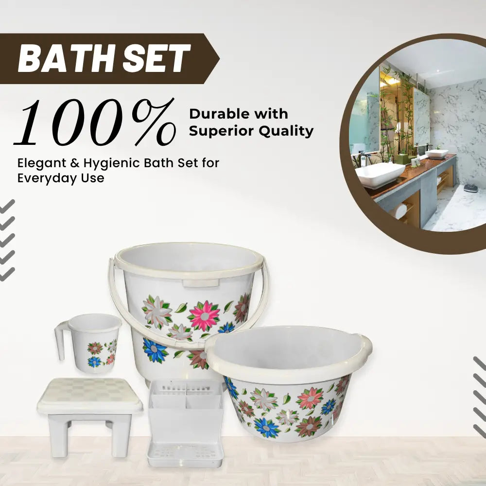 White Bath set with floral patterns, featuring text about durability and quality.