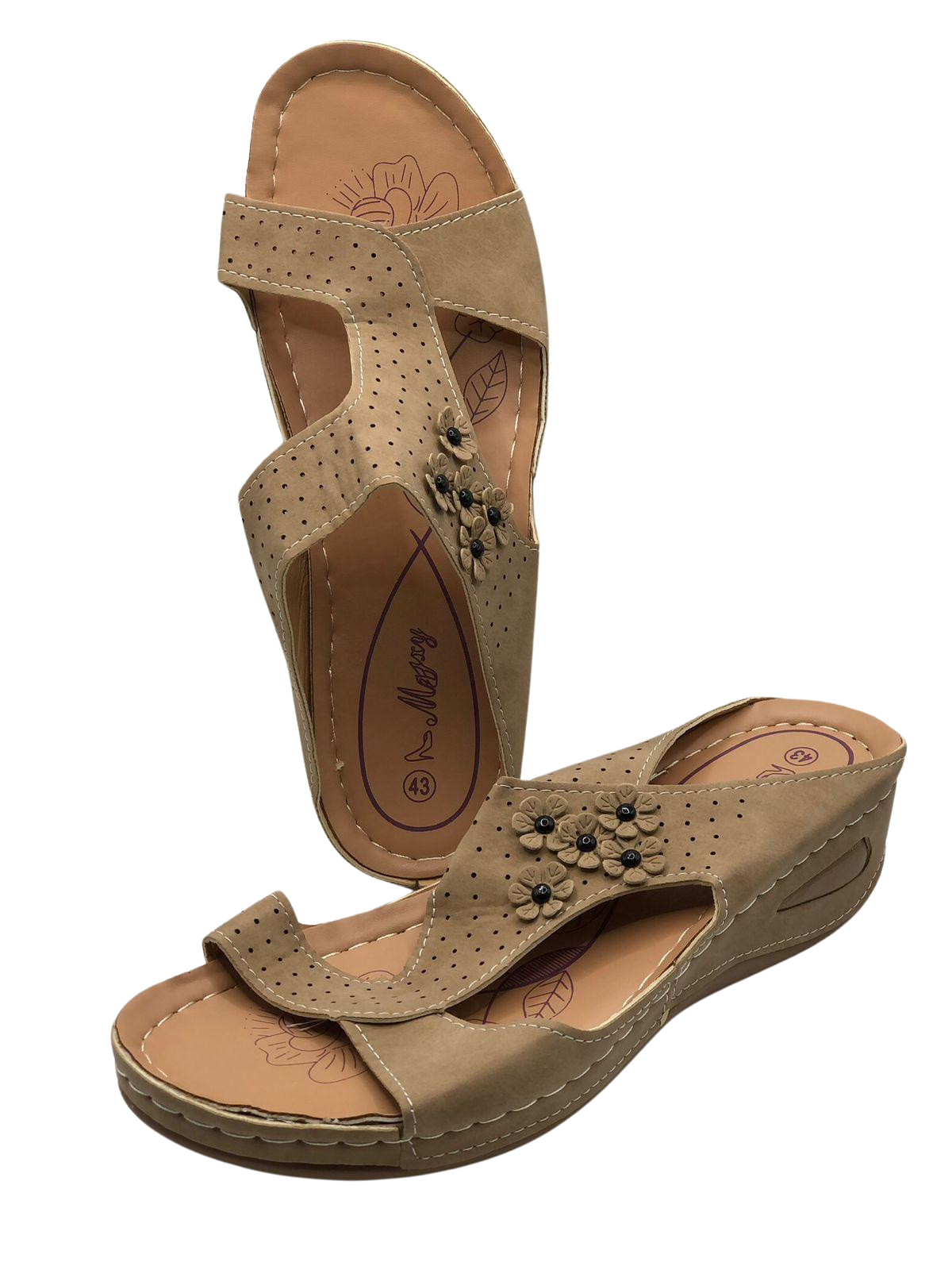 Beige Perforated Sandals with Flower