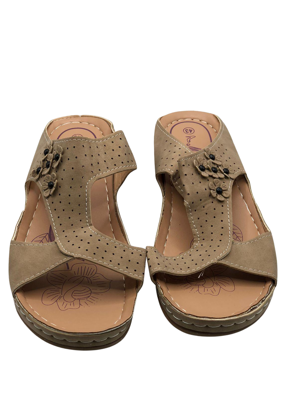 Beige Perforated Sandals with Flower