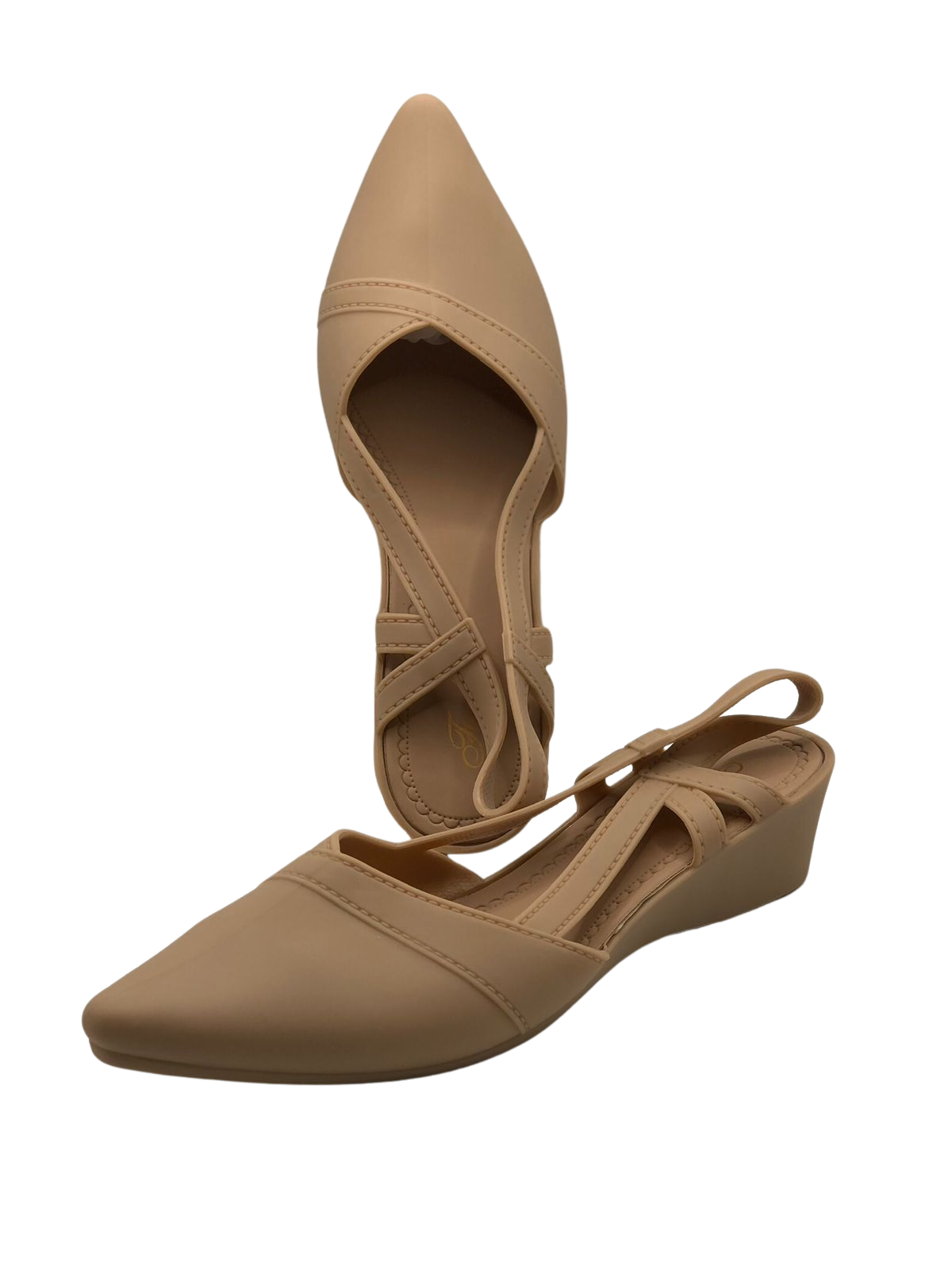 Beige Pointed-Toe Slingback Flats with Crisscross Straps