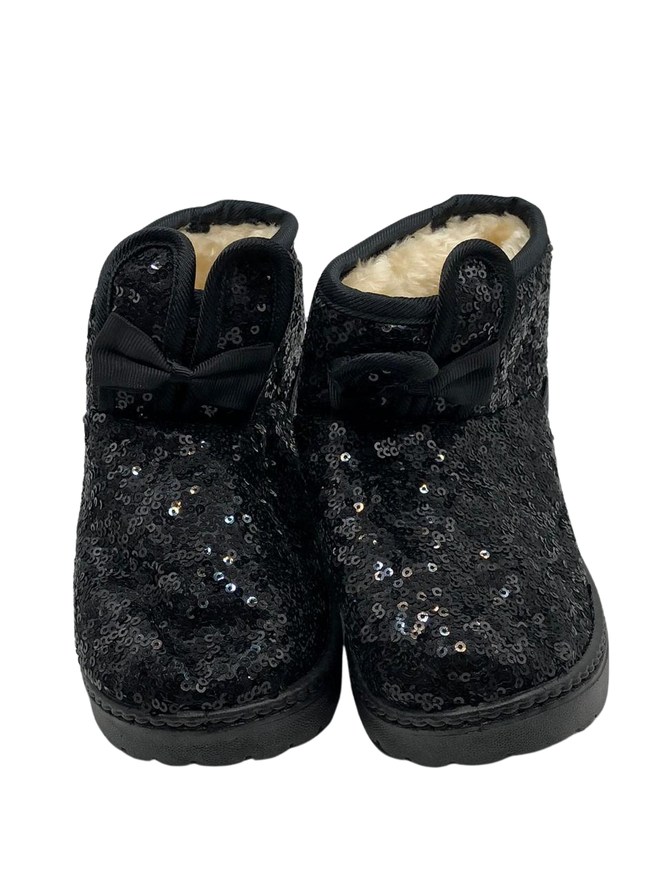 Black Sequined Ankle Boots with Bow and Fluffy Lining