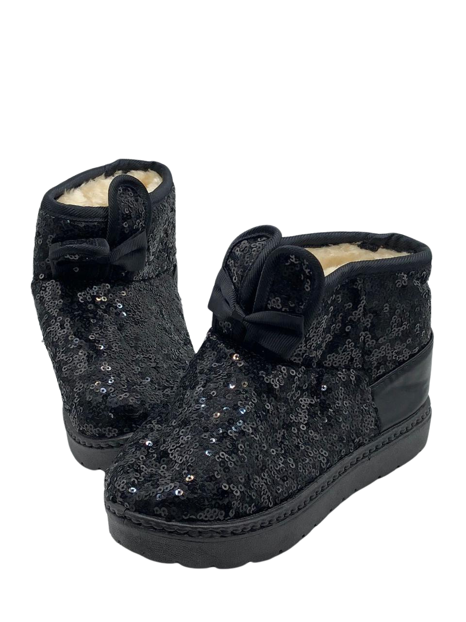 Black Sequined Ankle Boots with Bow and Fluffy Lining