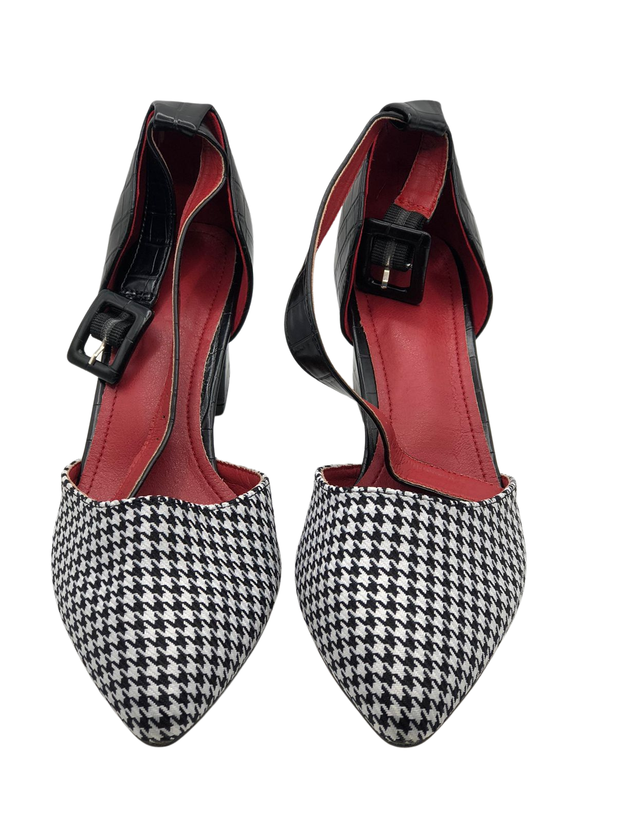 Black and White Houndstooth Buckle Strap Heels