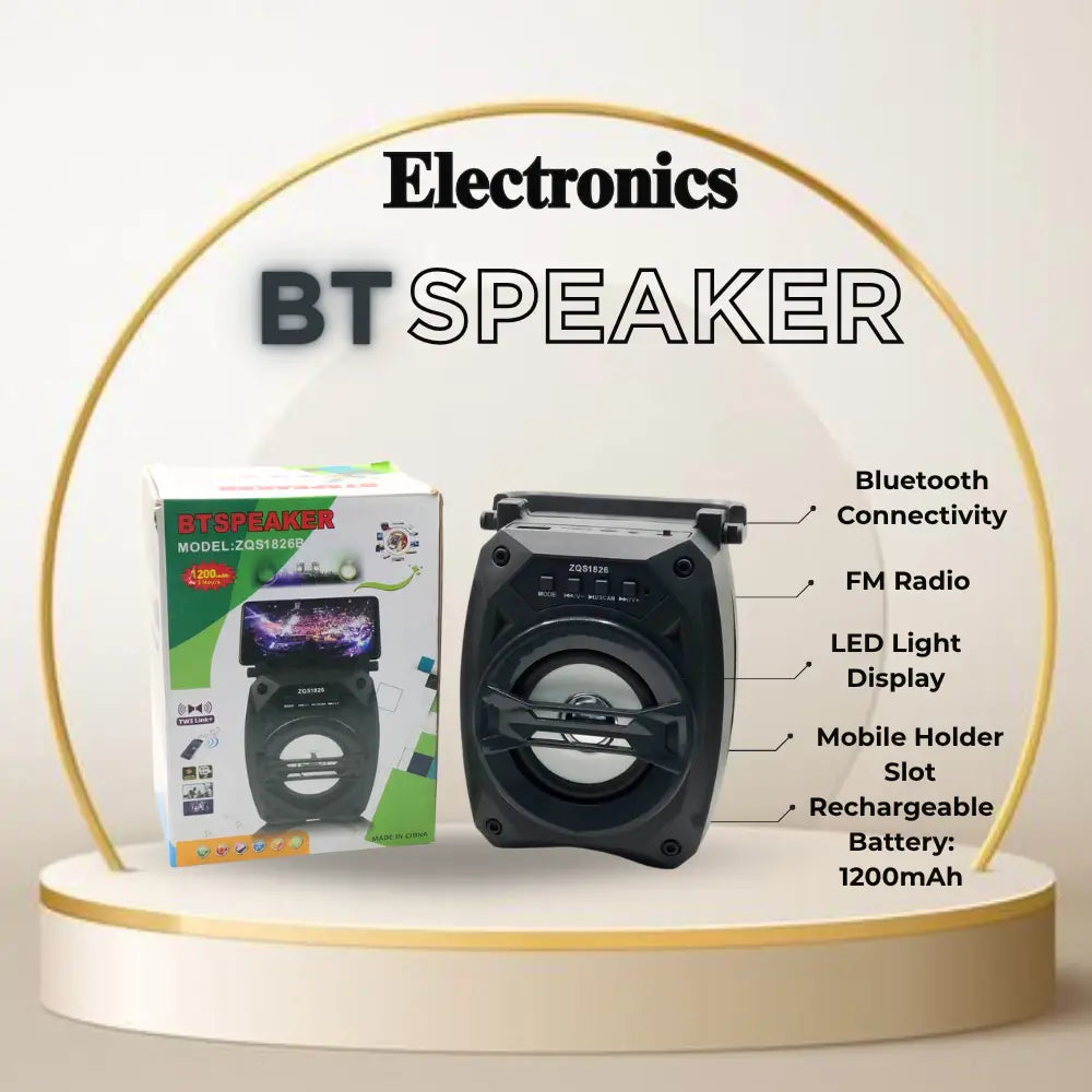 Bluetooth speaker with packaging on a white background, featuring text about product features.