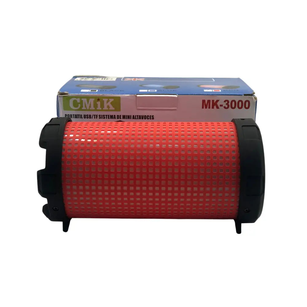 Red Radio Speaker with CMiK packaging on a white background