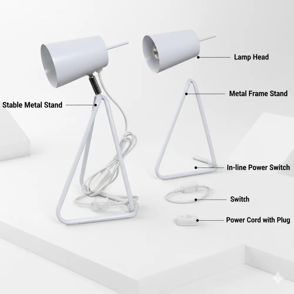 White desk lamp with labeled parts
