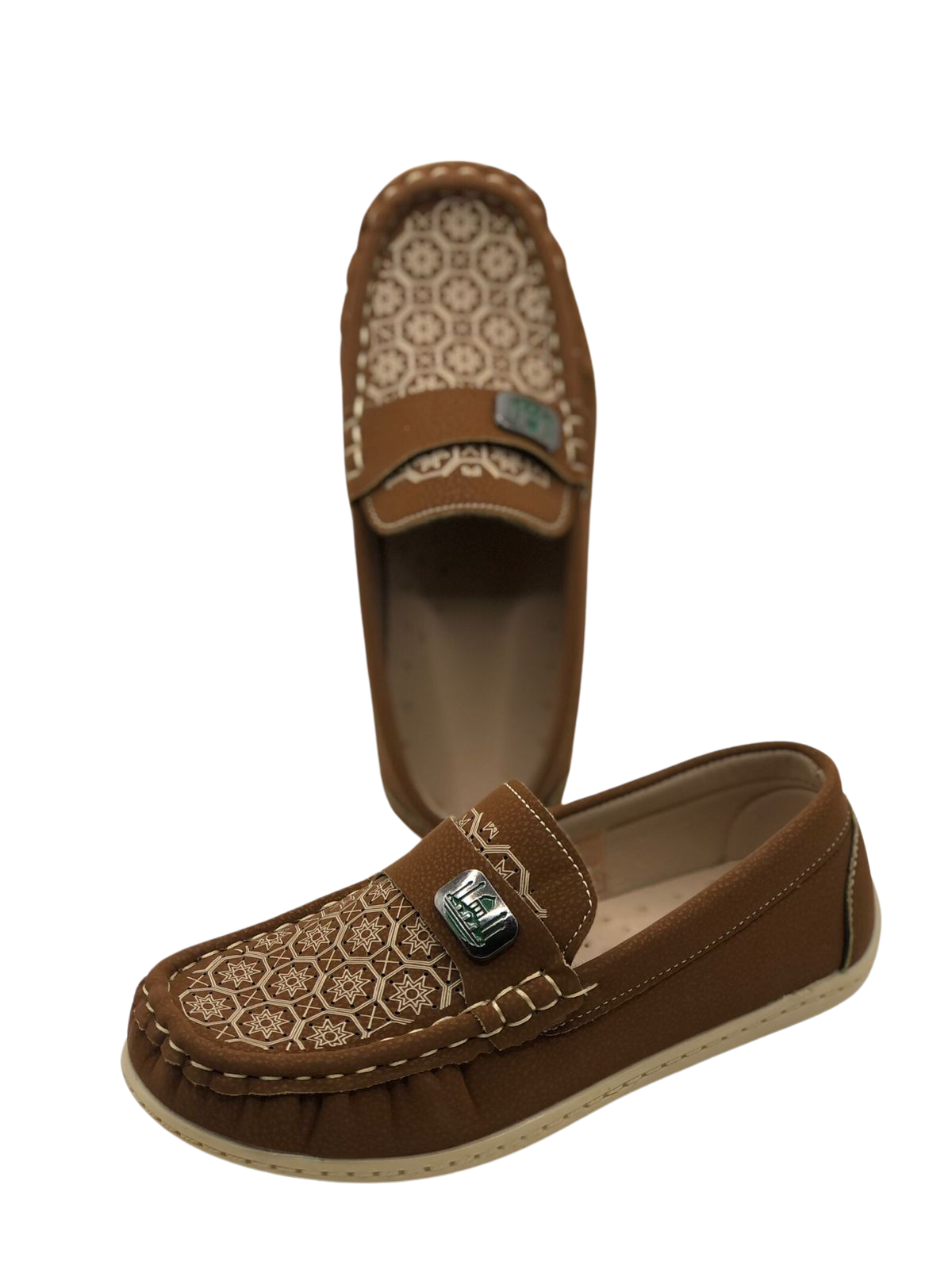 Brown Loafers with White Geometric Patterns