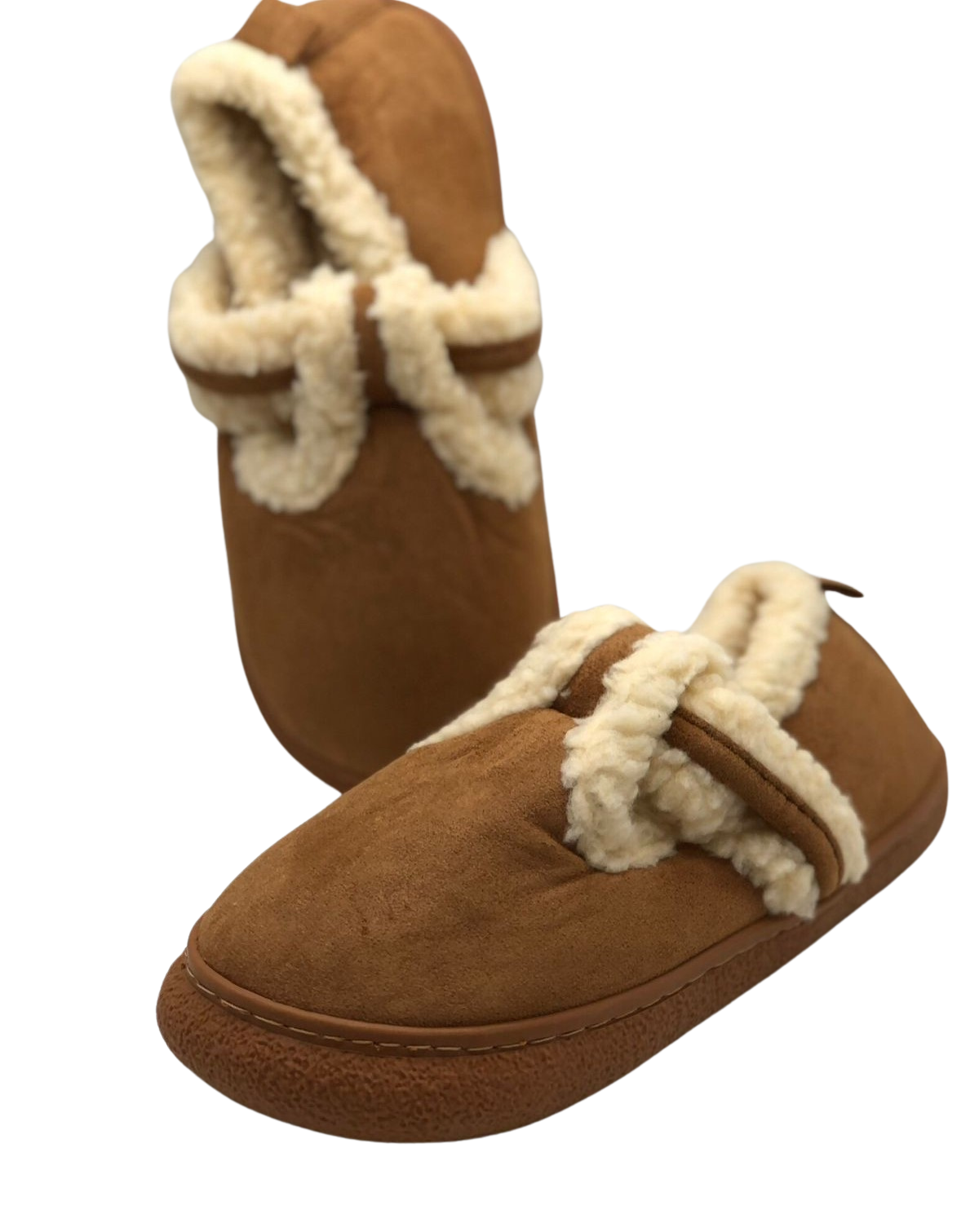 Brown Suede Shearling-Lined Slippers