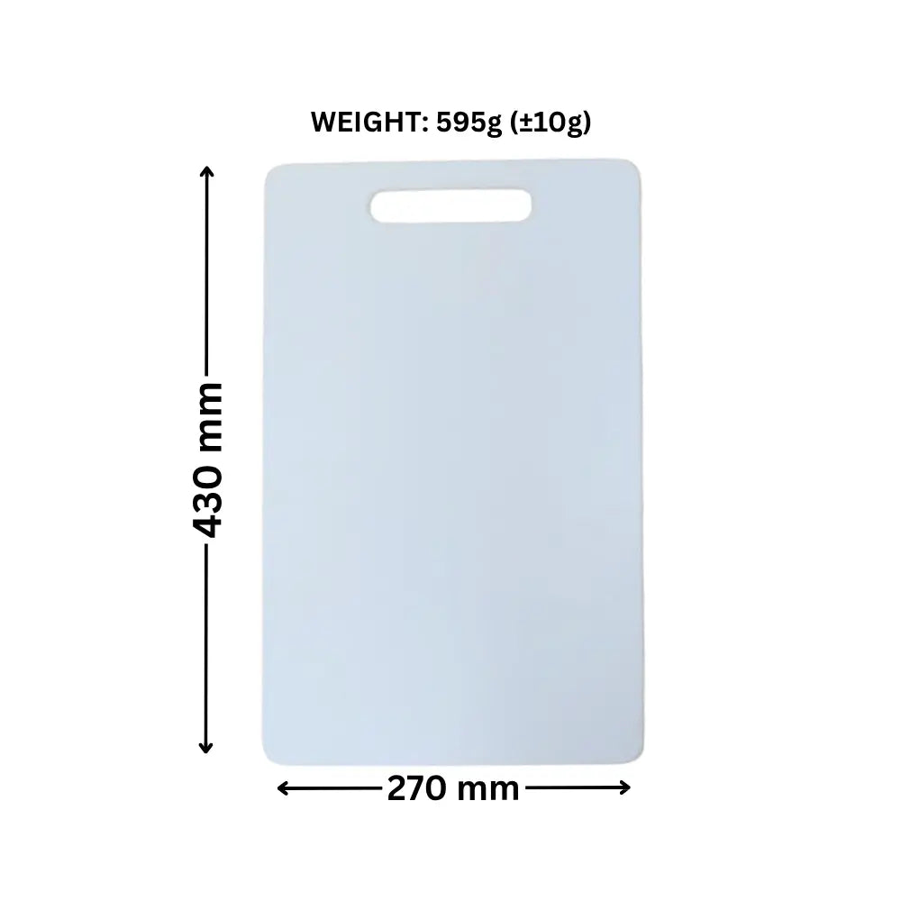 Rectangular cutting board with measurements and weight information